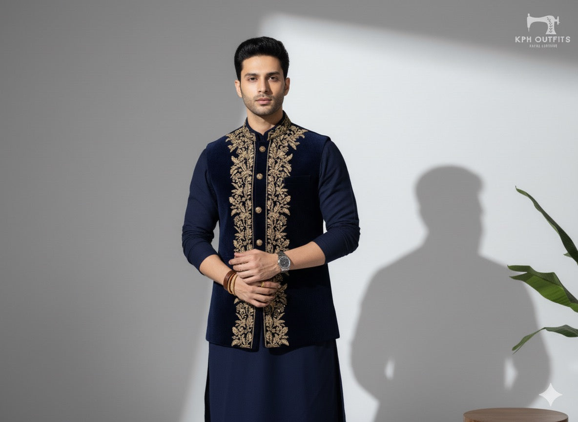 Navy blue velvet Bundi jacket with heavy gold Zari work and matching kurta set