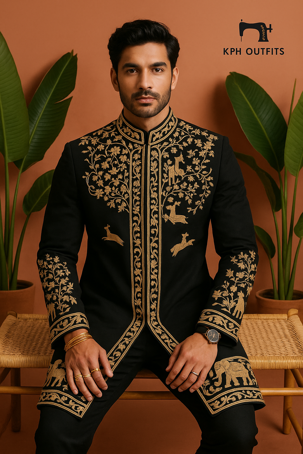 A photograph of a man in a stylish sherwani, highlighting the quality of the Japanese fabric and the unique design.

