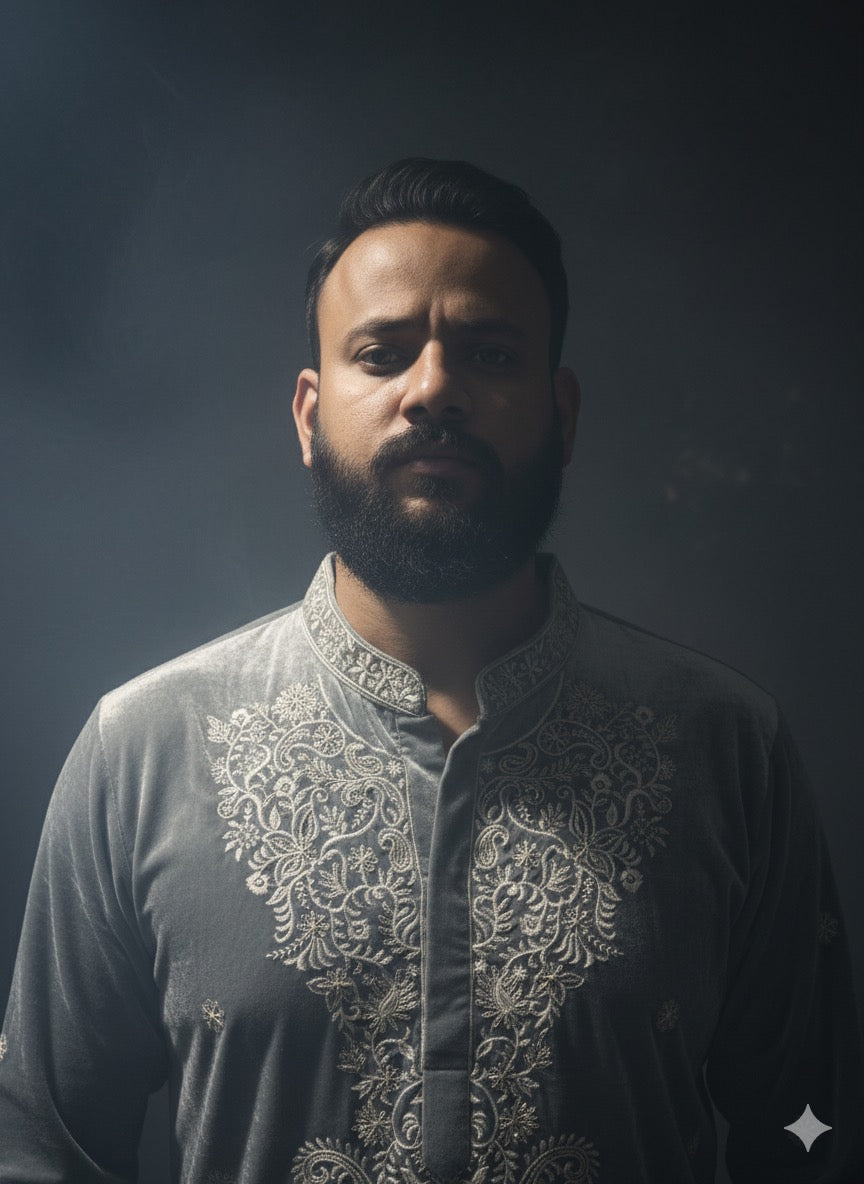 Luxurious slate gray velvet kurta for formal events and wedding parties