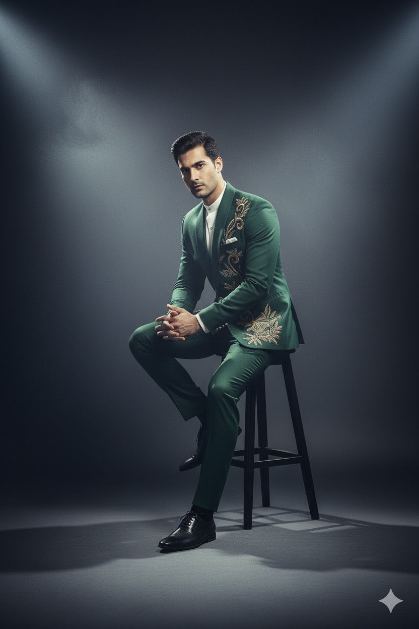 Handcrafted groom tuxedo in emerald green with detailed gold thread embroidery, paired with white shirt