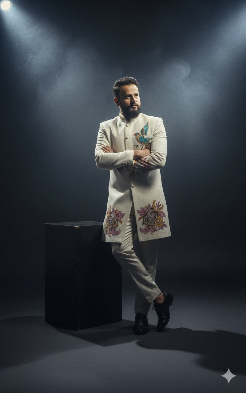 Ivory Achkan suit with unique teal bird motif and multi-color floral embellishment