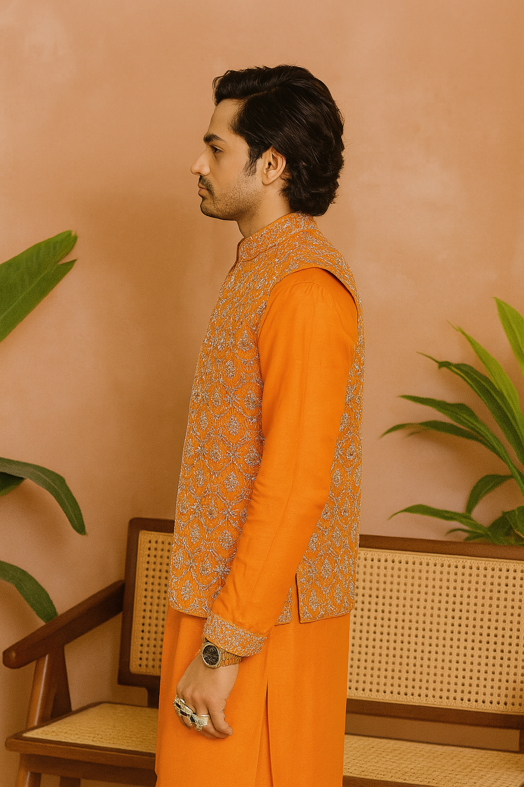A photograph of a man in a stylish kurta set, highlighting the quality of the fabric and the unique design.

