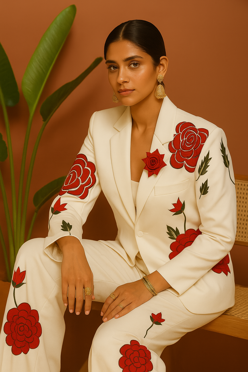 Women Special Red Rose Embellished Stylish Tuxedo Suit