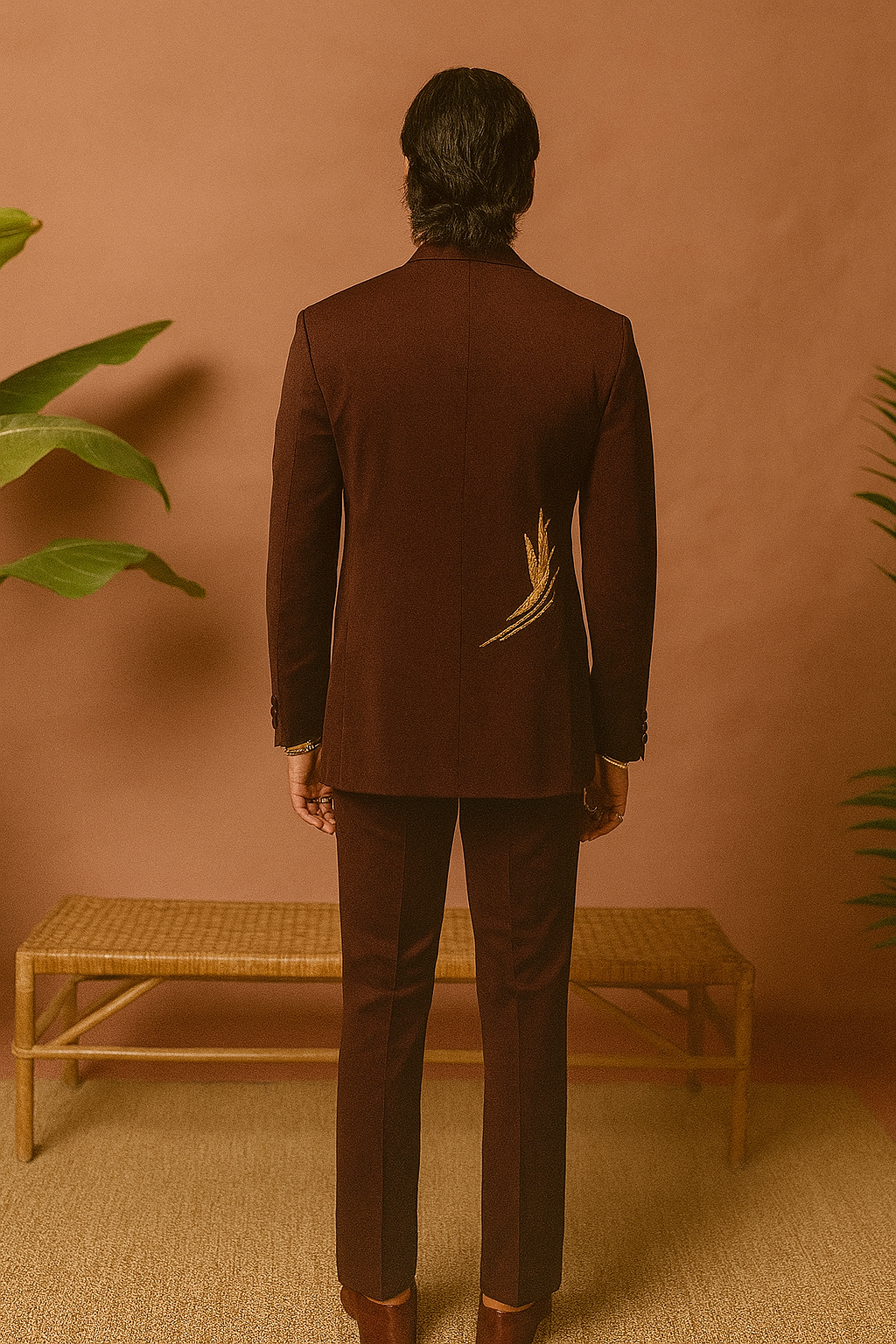 A photograph of a man in a stylish tuxedo, emphasizing the quality of the Japanese fabric and the unique design.

