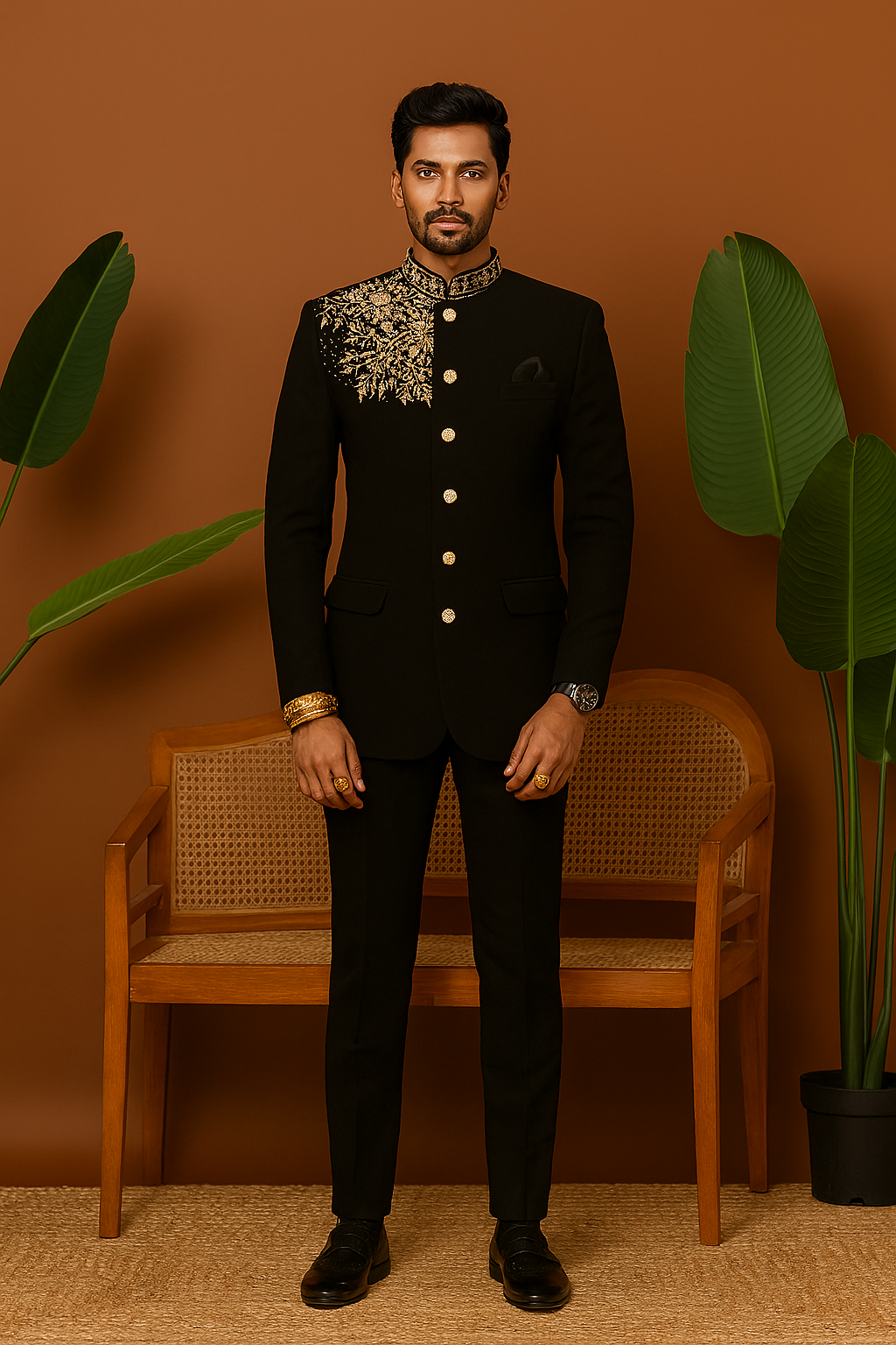 A close-up of the jacket's intricate gold cutdana embellishments.

