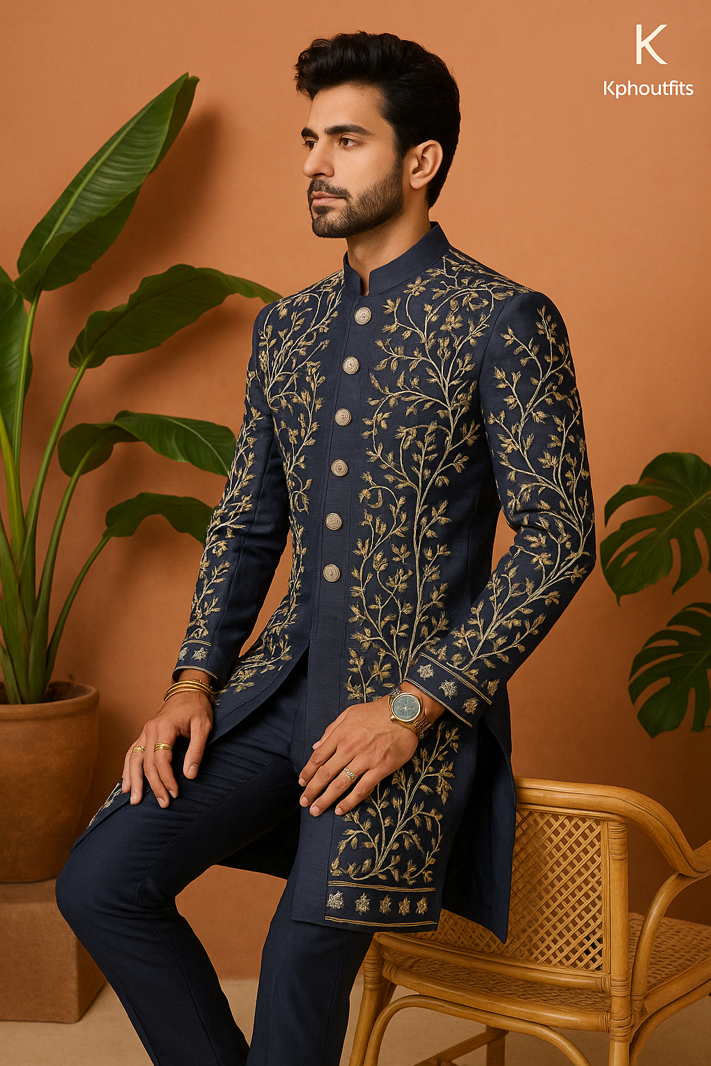 Men's Navy Blue Handcrafted Sangeet Special Indo-Western Set - KPH Outfits