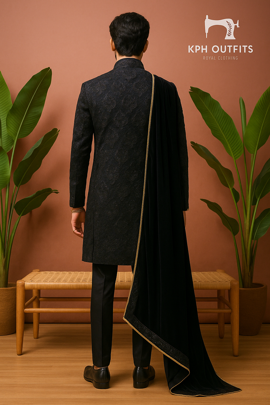 Men’s Black Handcrafted Western Long Jacket Tuxedo Suit - Designer Formal Wear by KPH Outfits