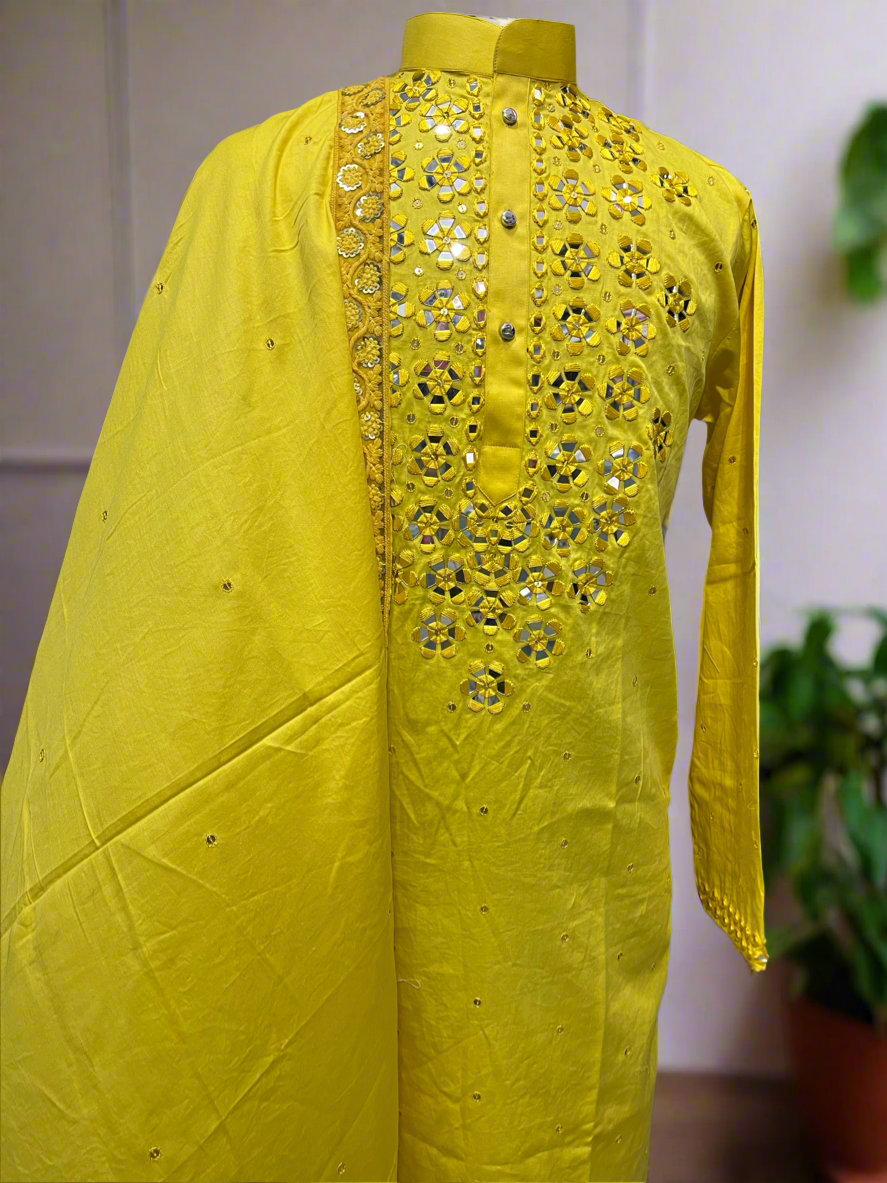 Bright Yellow Men's Kurta Set with Mirror Detailing for Haldi Ceremony