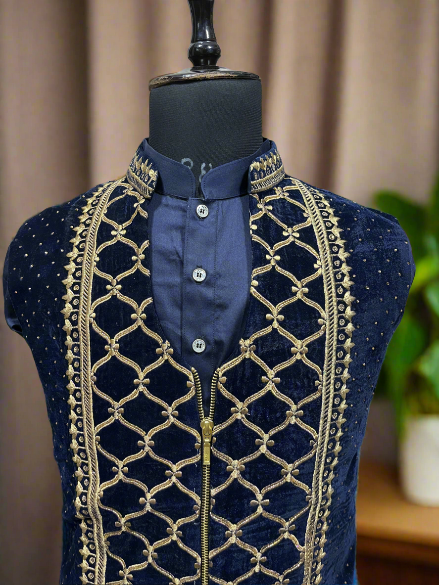 Elegant 3-piece Navy Blue Cotton Silk Nehru jacket set