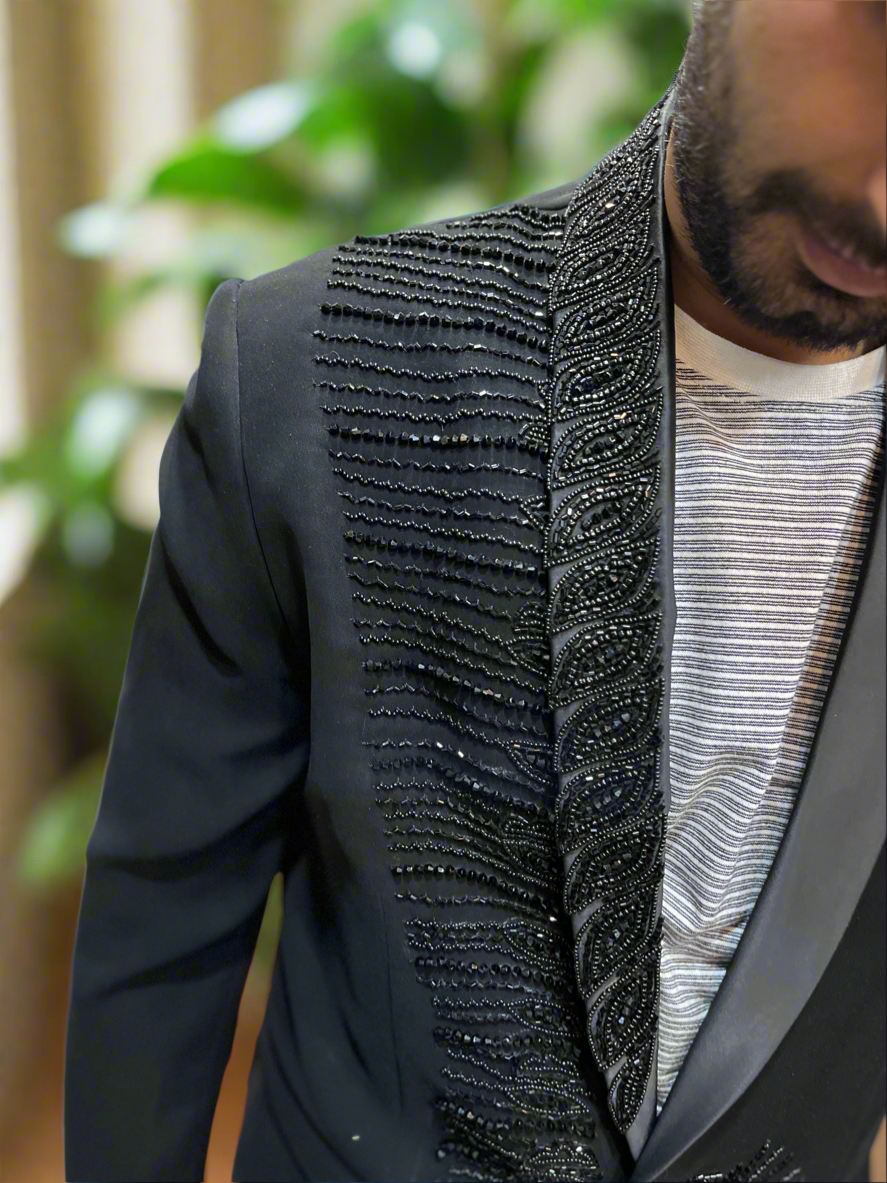 Elegant Black Shawl Lapel Tuxedo Suit with Cut Dana Work for Formal Events