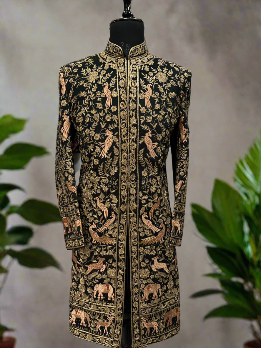 Elegant Black Sherwani Set with Matching Pants and Shawl for Groom