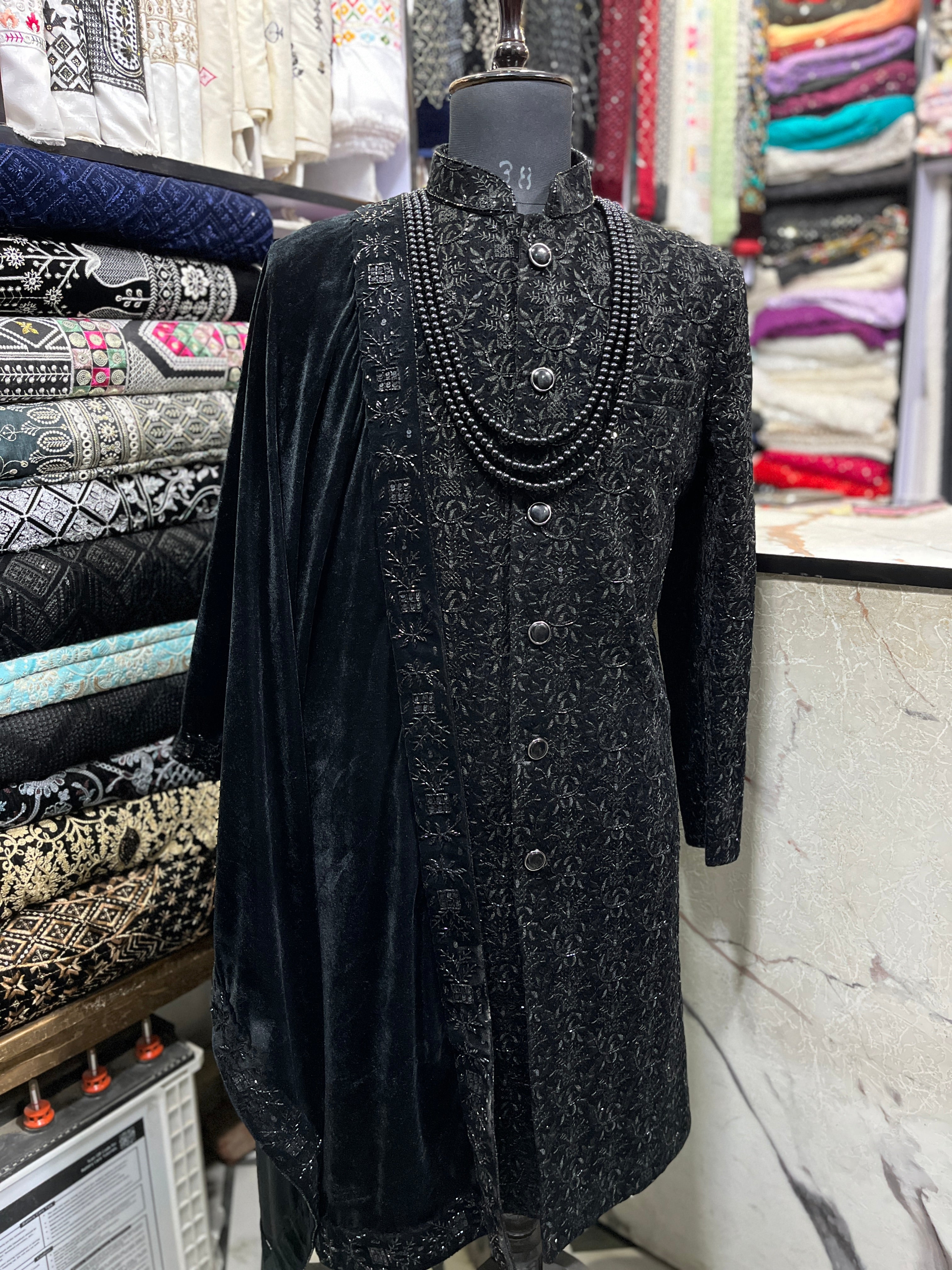 Elegant Men's Black Sherwani with Handcrafted Cut Dana Work by KPH Outfits
