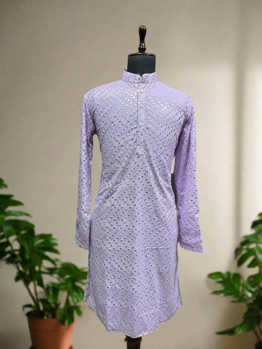 Elegant Men's Lavender Mirror Kurta Set in georgette.
