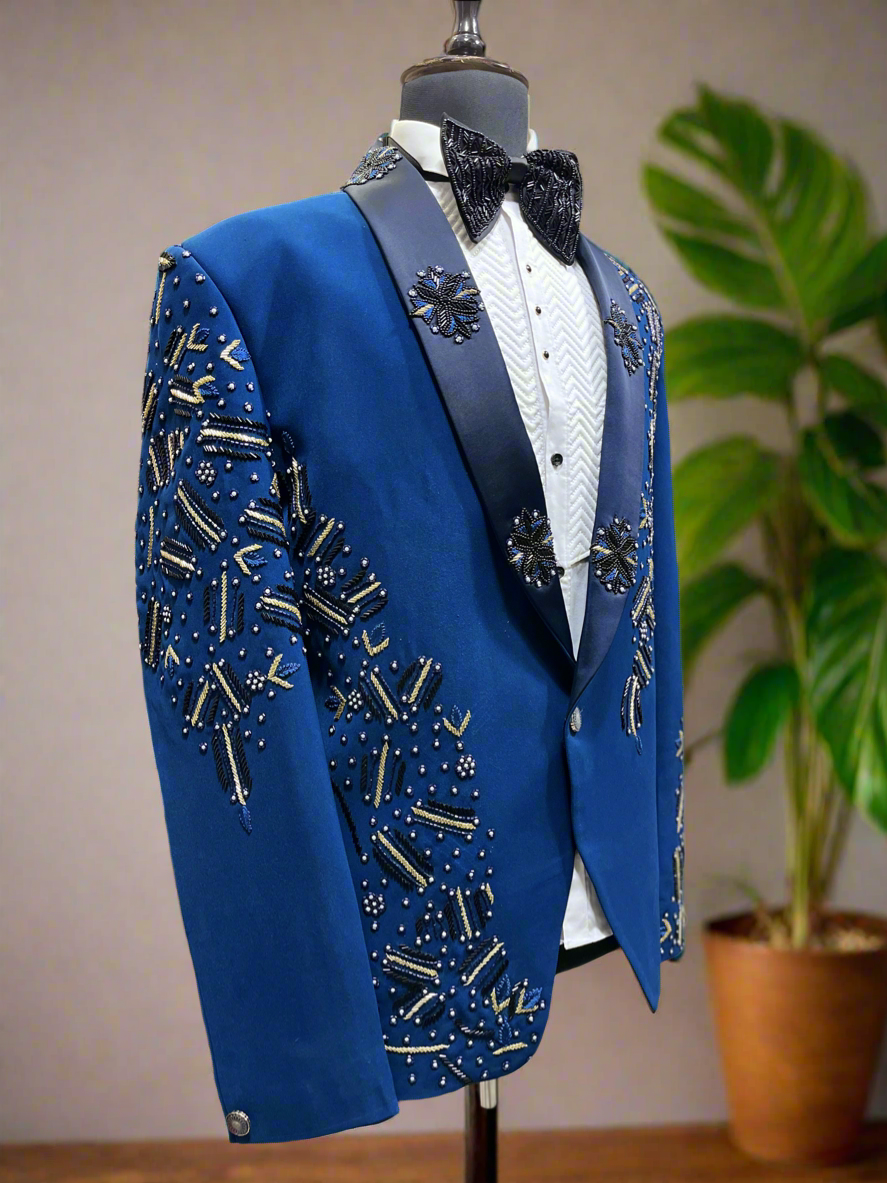 Elegant Men's Royal Blue Handcrafted Tuxedo with Cut Work Design