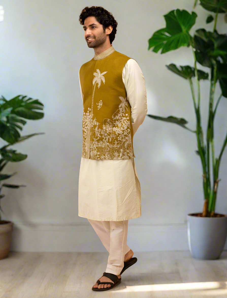 Elegant Nehru jacket with center button and pajama pants
