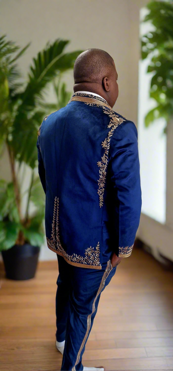Elegant Velvet Handcrafted Tuxedo Suit with Zardozi Work for Men
