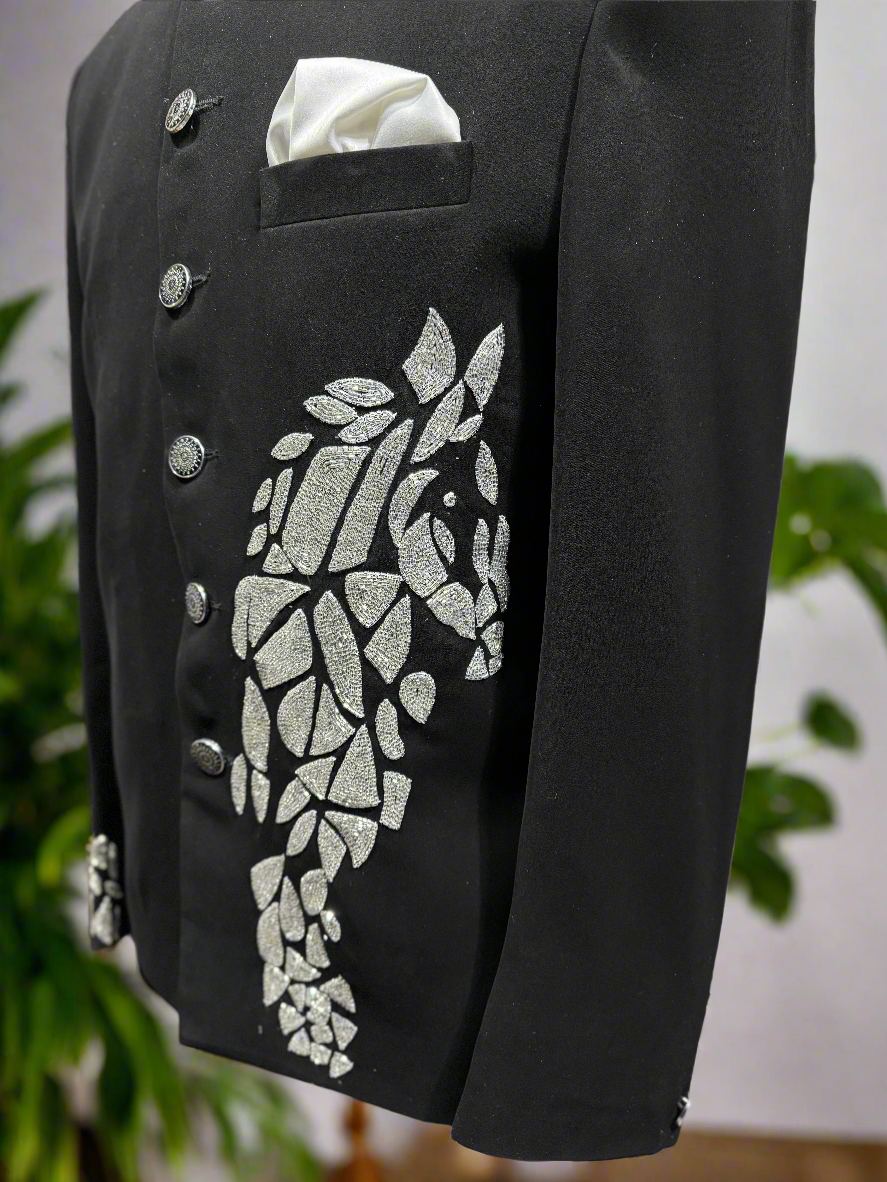 Elegant black Jodhpuri set with intricate crystal detailing