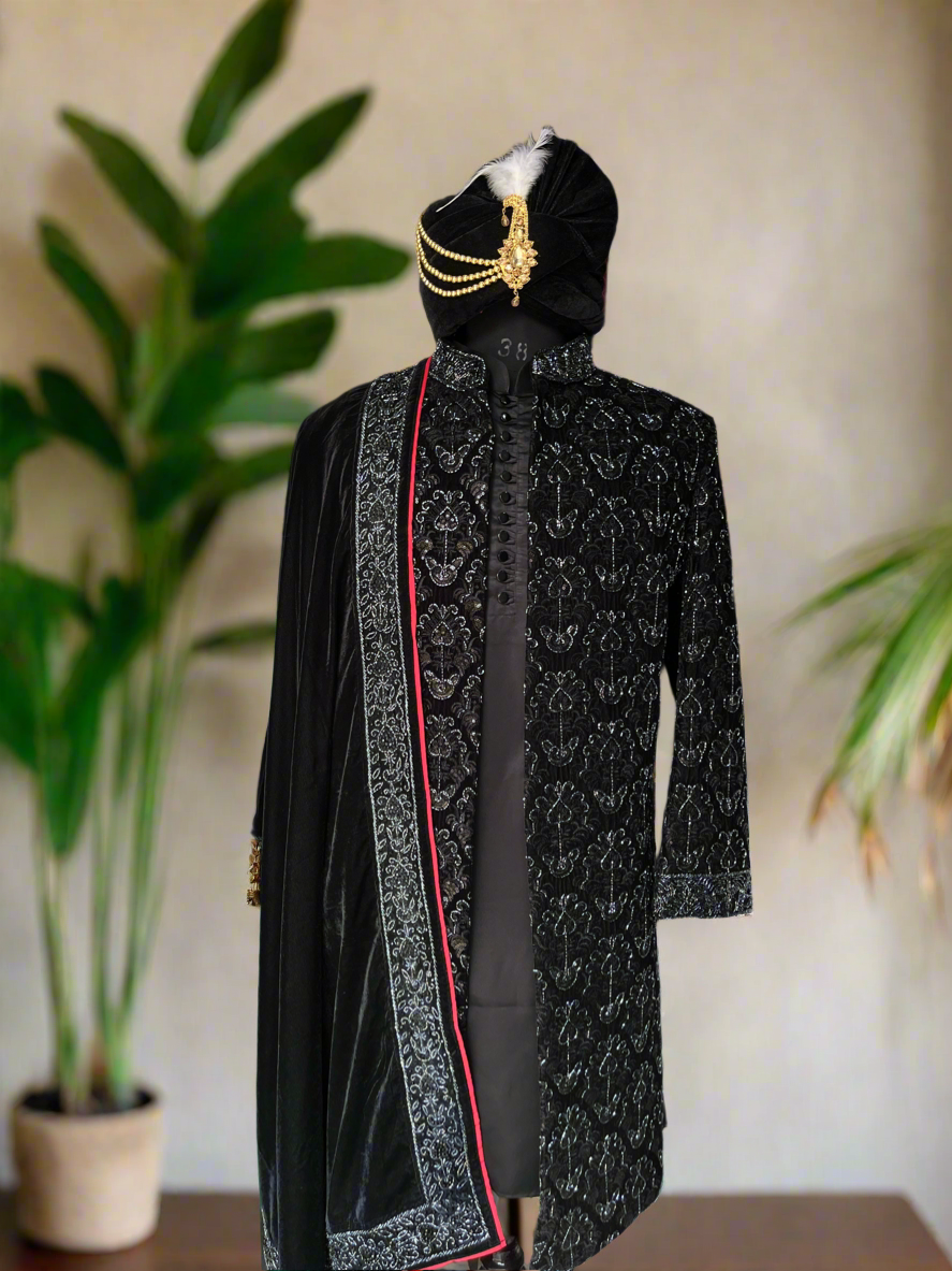 Elegant center-open black velvet sherwani by KPH Outfits