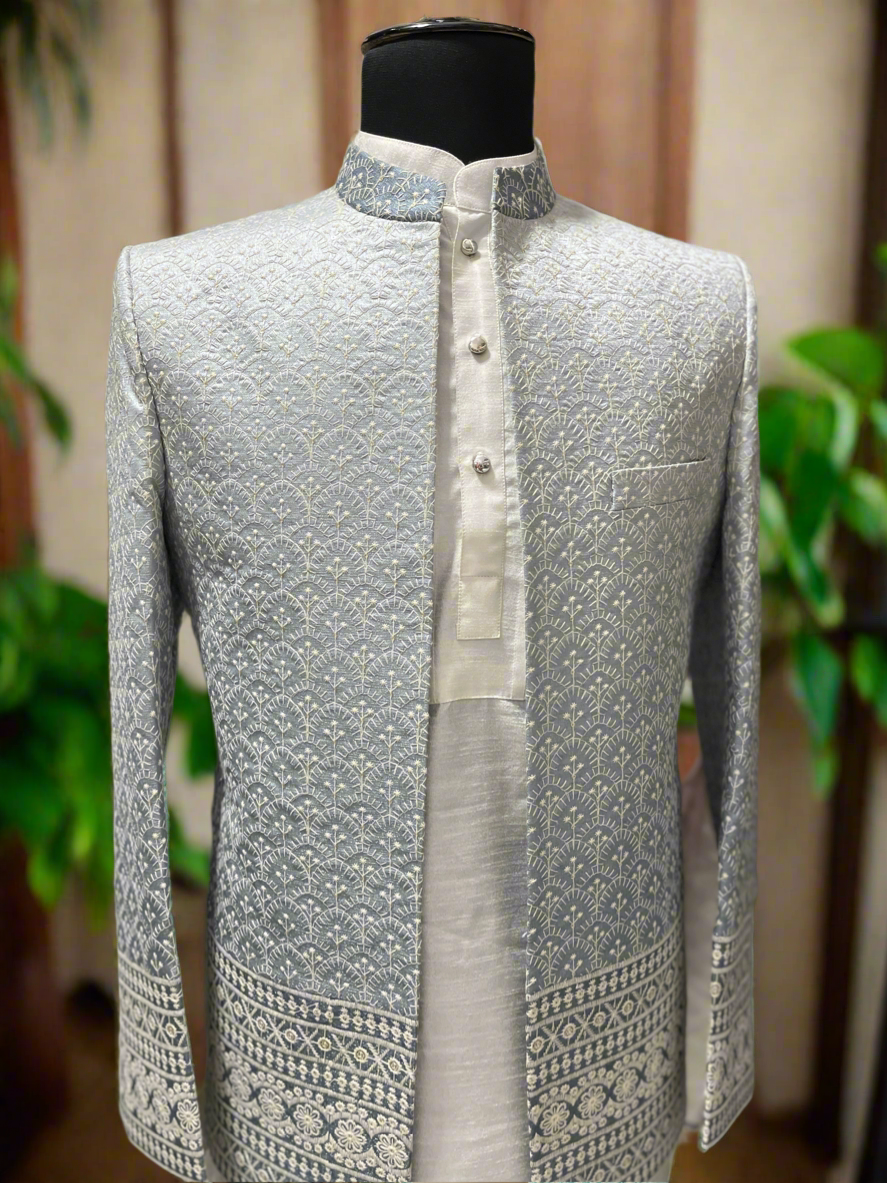 Elegant grey Jodhpuri suit with open-style design