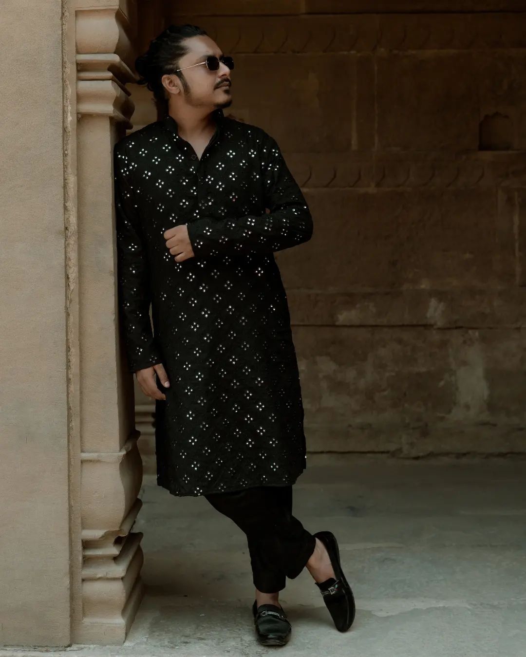 Elegant handcrafted black mirror kurta for men