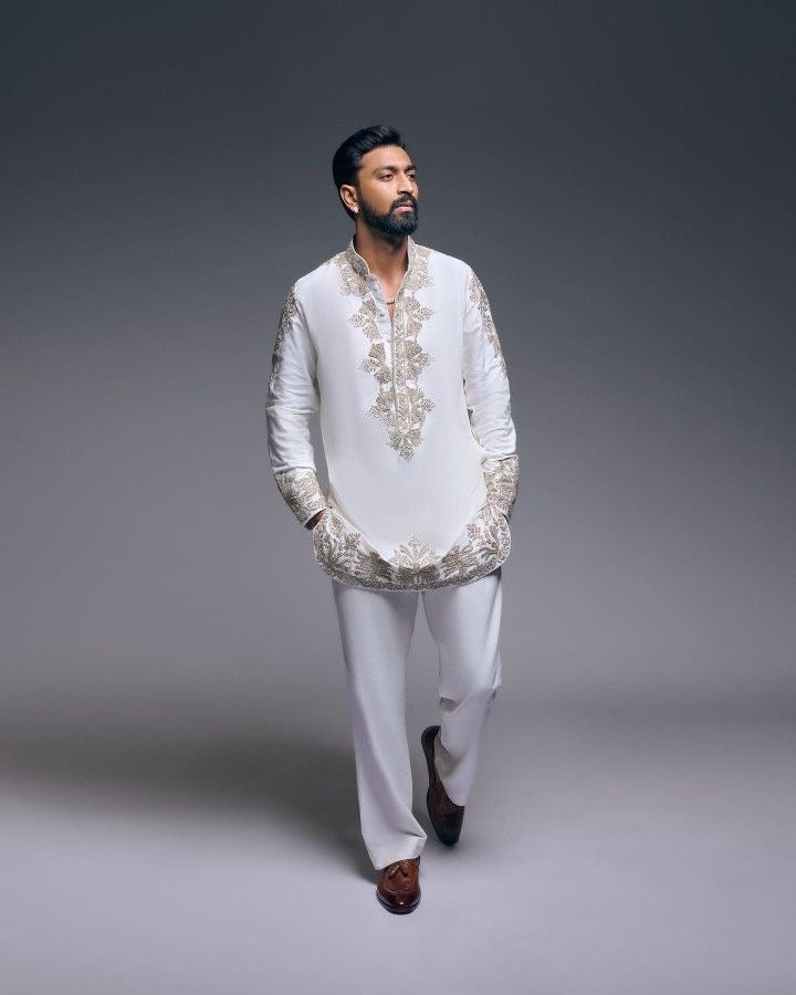 "Ethnic wear kurta set for men in yellow"
