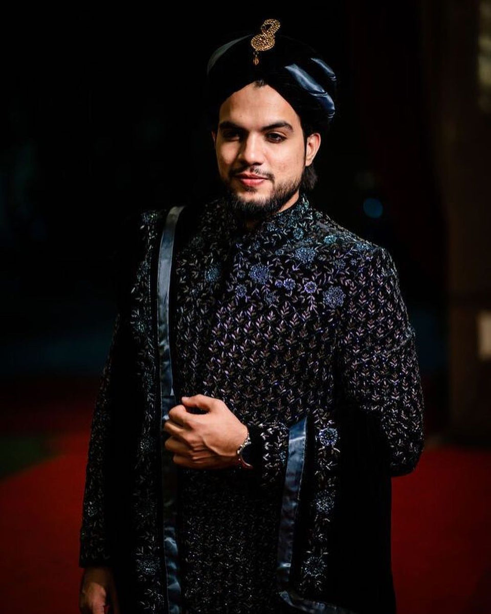 Men's Navy Blue Handcrafted Velvet Wedding Sherwani with Shawl & Padgi ...