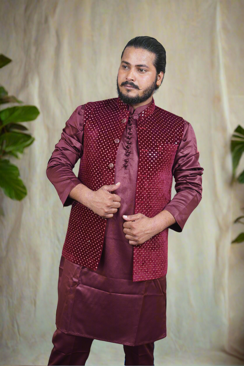 Exclusa Marron Men's Exclusive Maroon Velvet Design Waistcoat Set - KPH Outfits – Kph ...