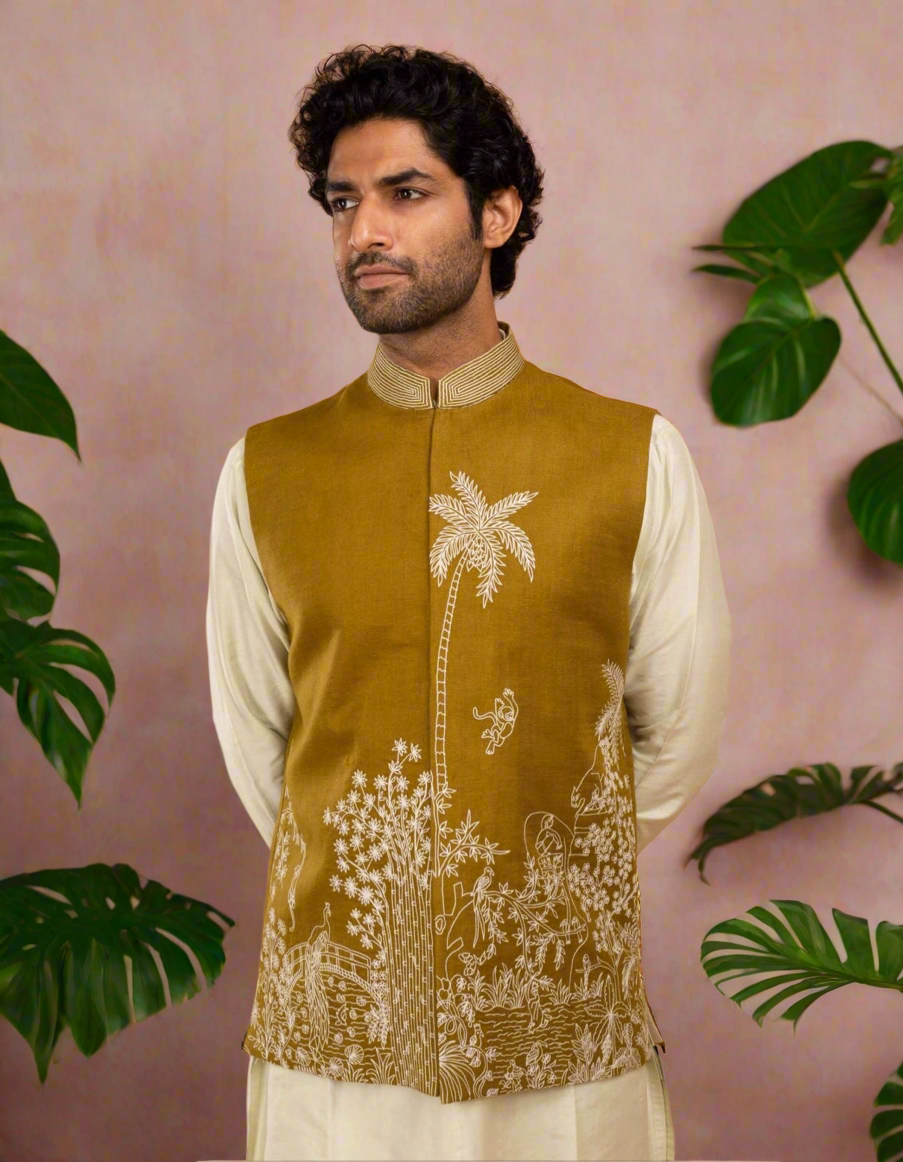 Exclusive Mehndi Green 3-piece Cotton Silk jacket set