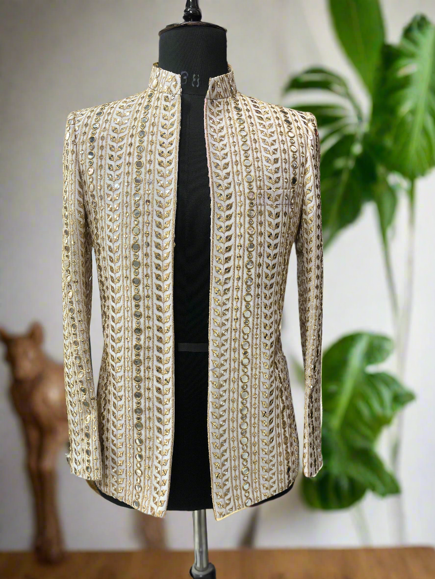 Exclusive gold Jodhpuri set for weddings and formal events.