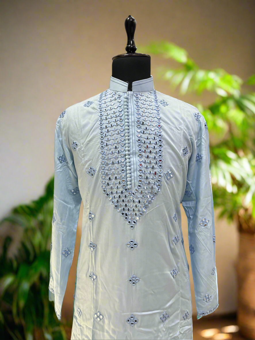 Exclusive handcrafted sky blue kurta with mirror embellishments