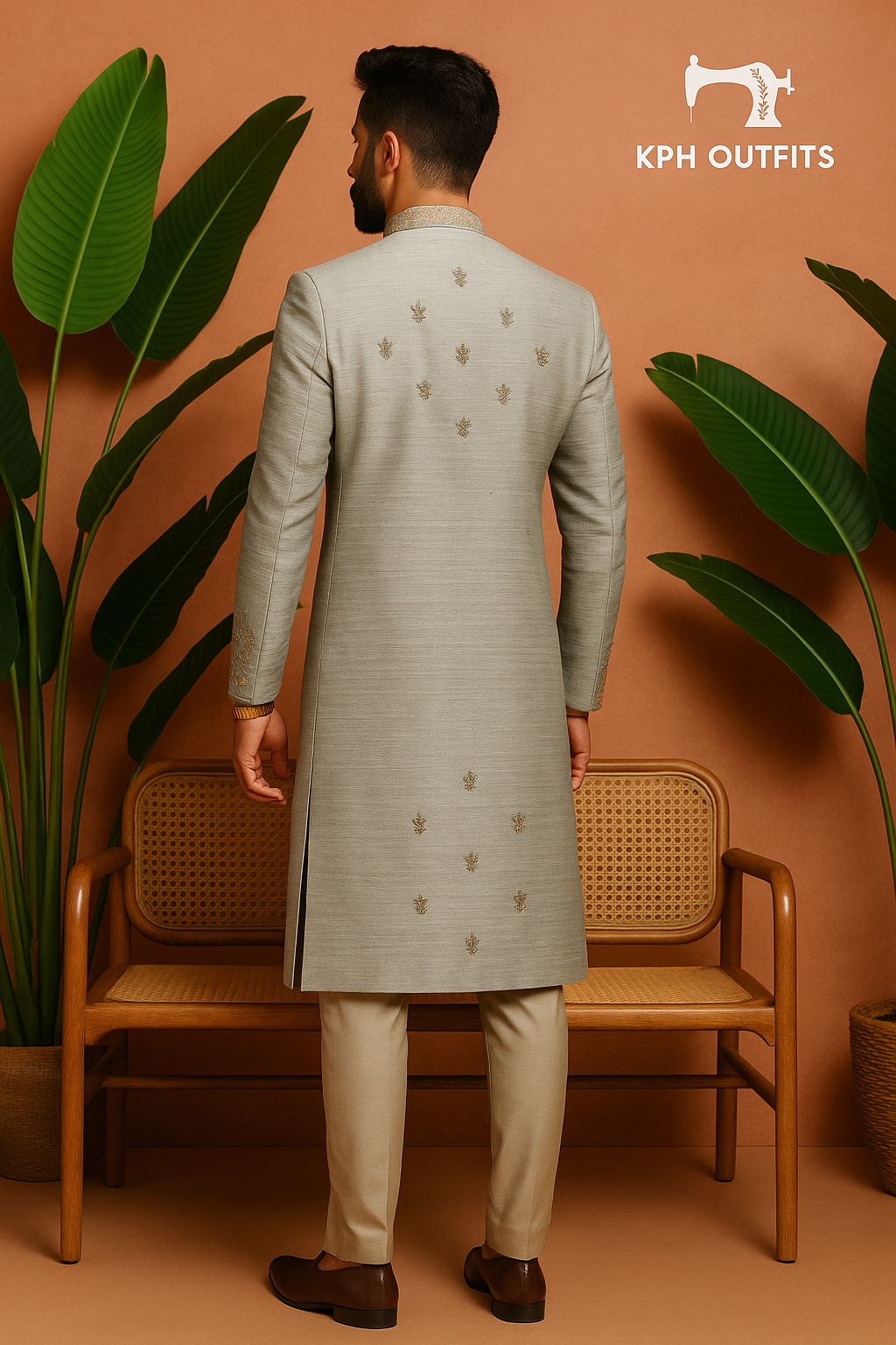 Men's Gray Handcrafted Silk Sherwani Set – Elegant 2-Piece Outfit for Grooms – KPH Outfits