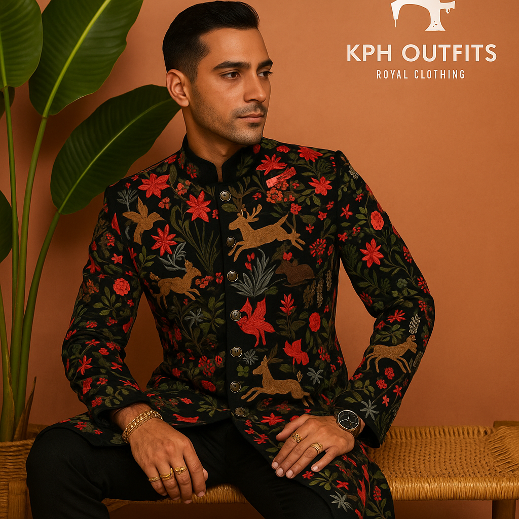 Exclusive Black Sherwani Set with Multi-Color Embroidery – KPH Outfits