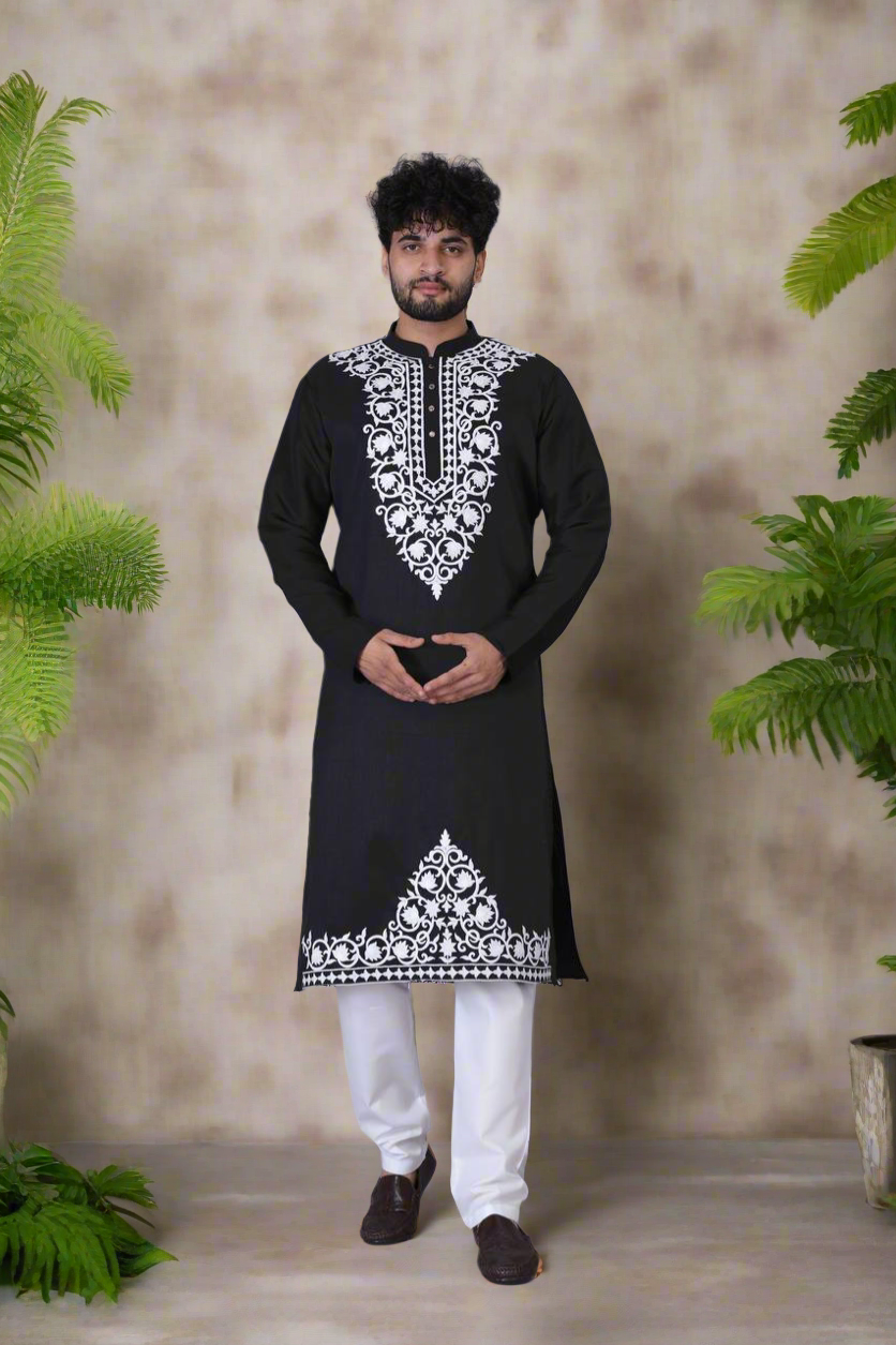 Men’s Black Kurta with Neck Embroidery by Kph Outfits – Front View