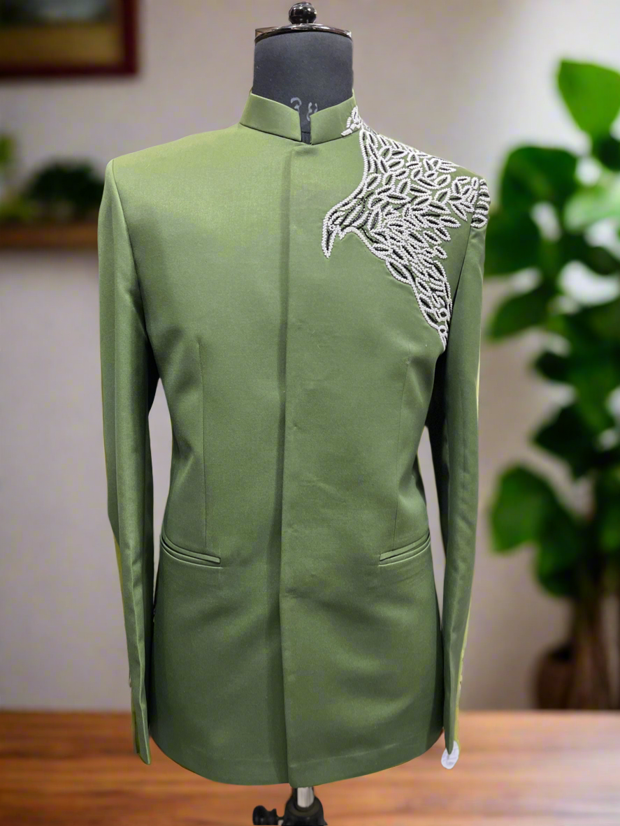 Men's Formal Green Jodhpuri Suit with Bird Design