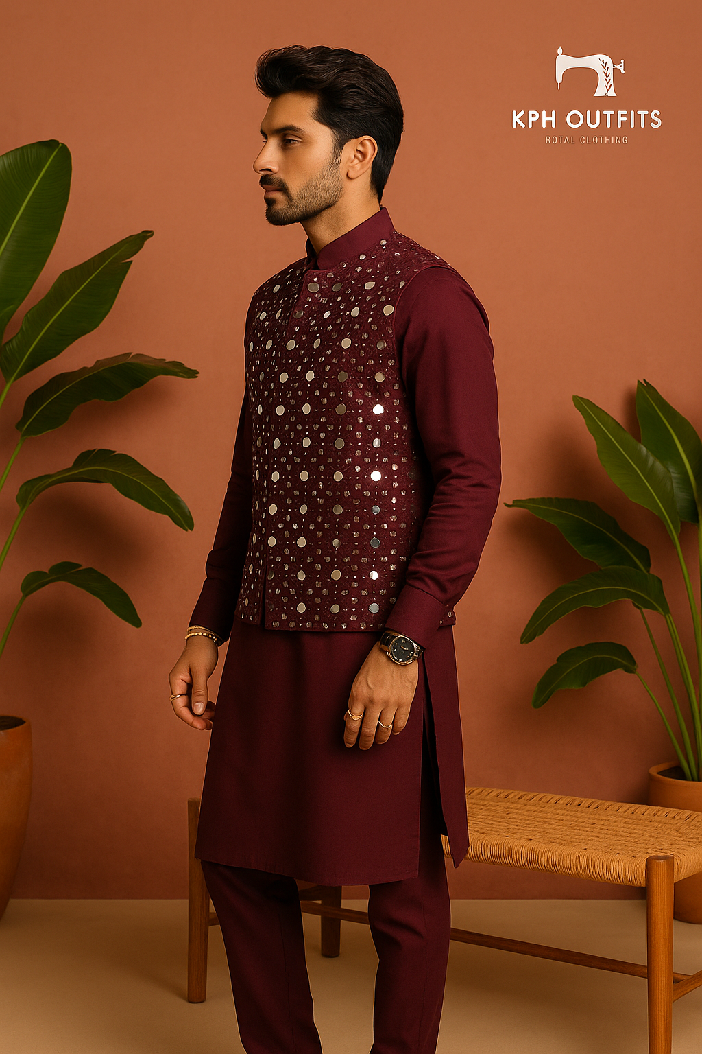 Men's Exclusive Wine Real Mirror Designer Waistcoat Set - KPH Outfits