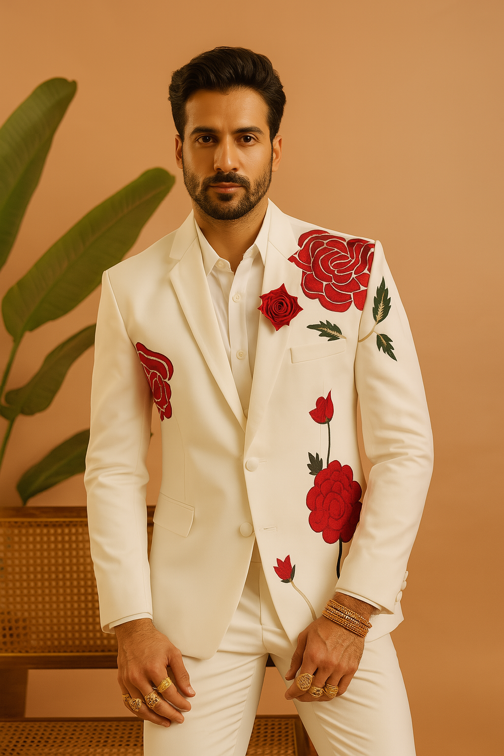 Men's Exclusive Designer Rose Embellished Stylish Tuxedo Suit