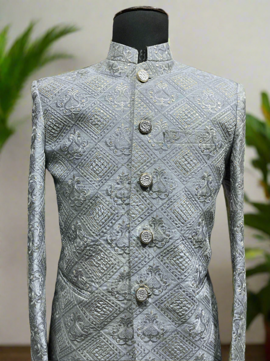 Elegant Gray Self Embroidery Designer Outfit in Silk