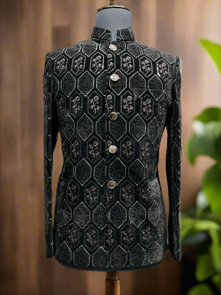 Close-up of self-embroidery details on Jodhpuri blazer
