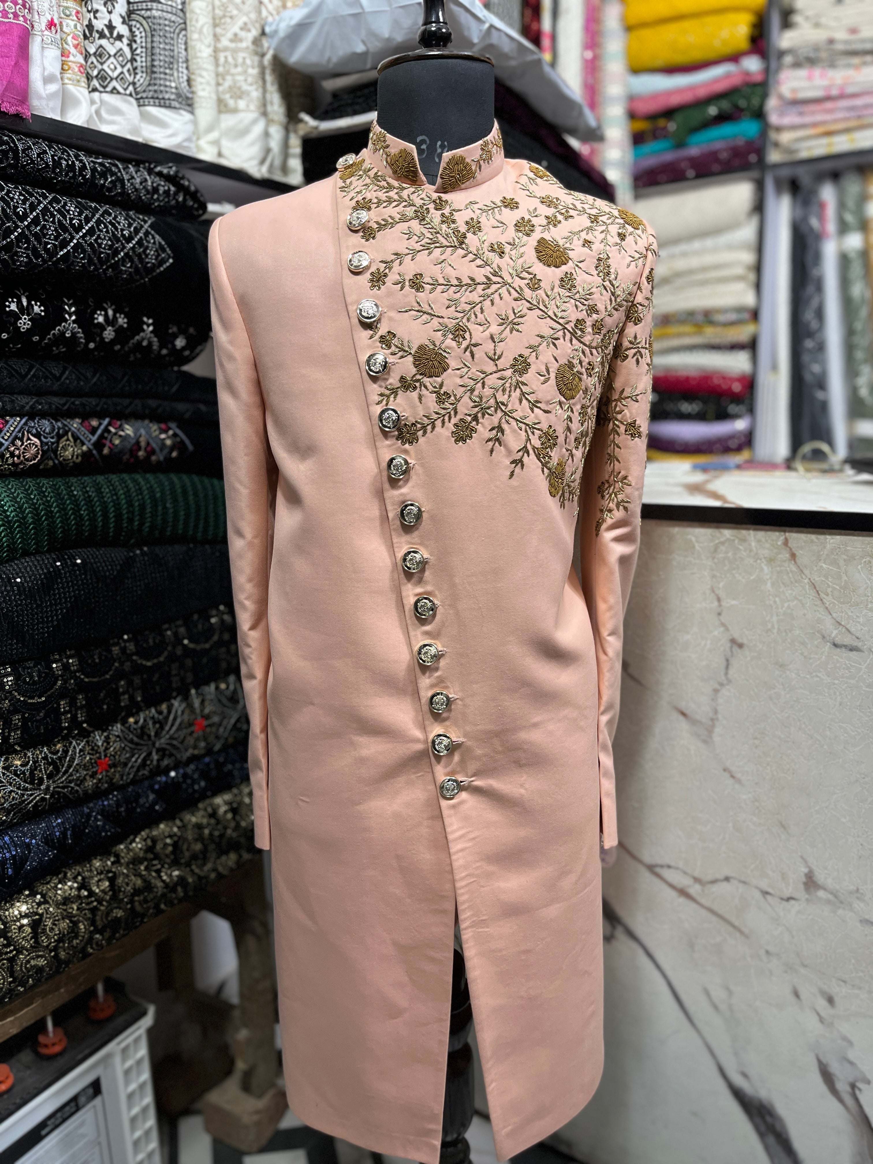 Men's Peach Handcrafted Zardozi Work Sherwani Set