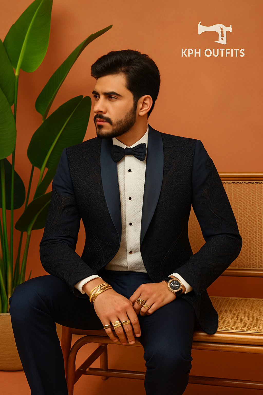 Men's Exclusive Navy Blue Handcrafted Cut Work Stylish Tuxedo Suit – Luxury Formal Wear by KPH Outfits
