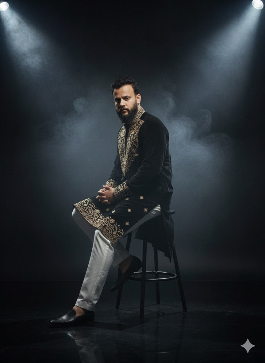 Luxury black and gold ethnic wear with prominent yoke embroidery