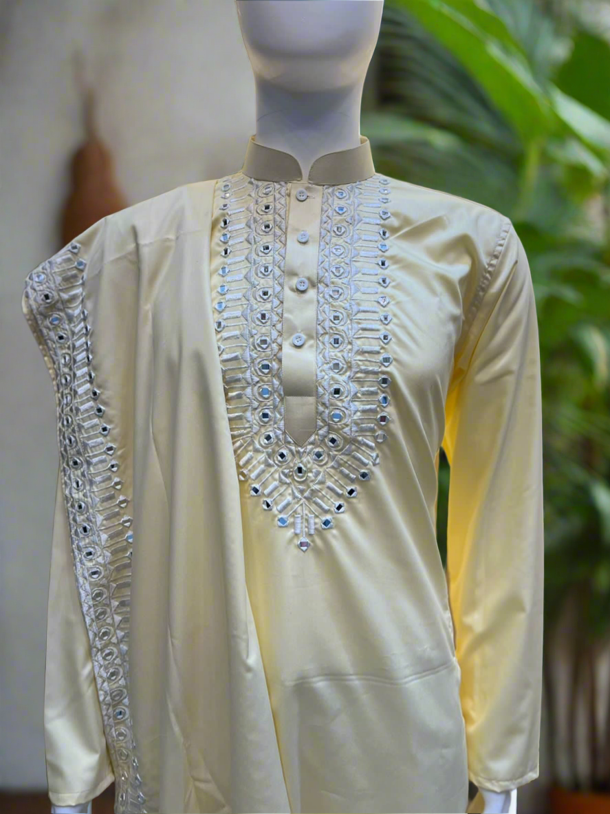 Traditional wedding kurta set with contemporary style.