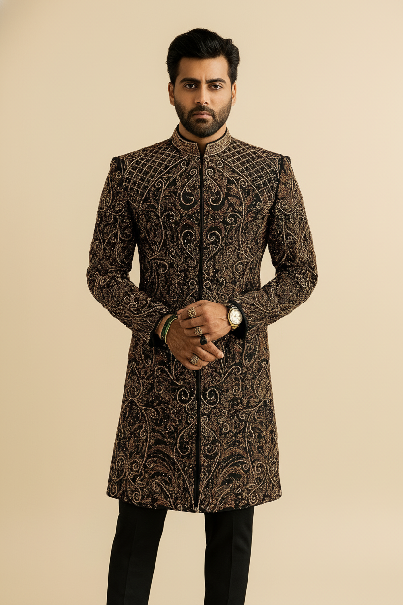 Black groom sherwani set with handcrafted embellishments – KPH Outfits