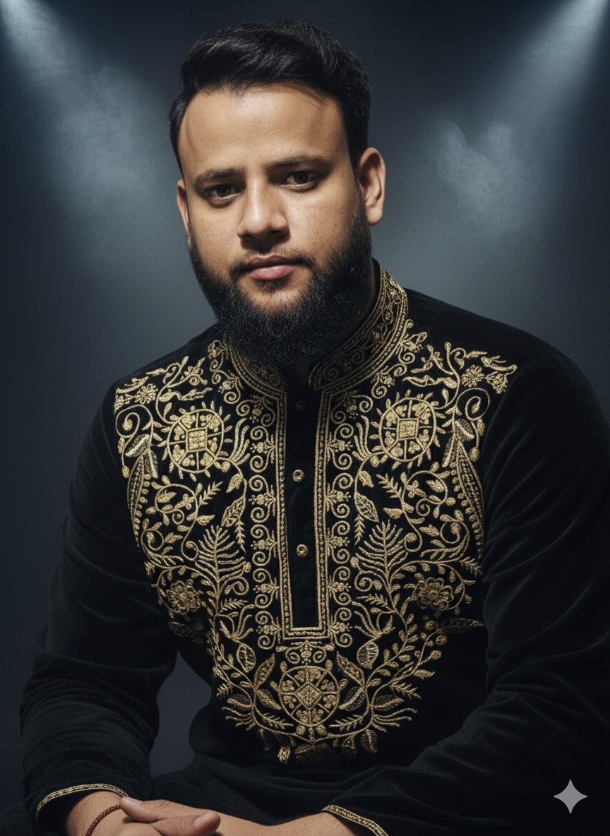 Designer black kurta featuring opulent gold Zari work on the chest