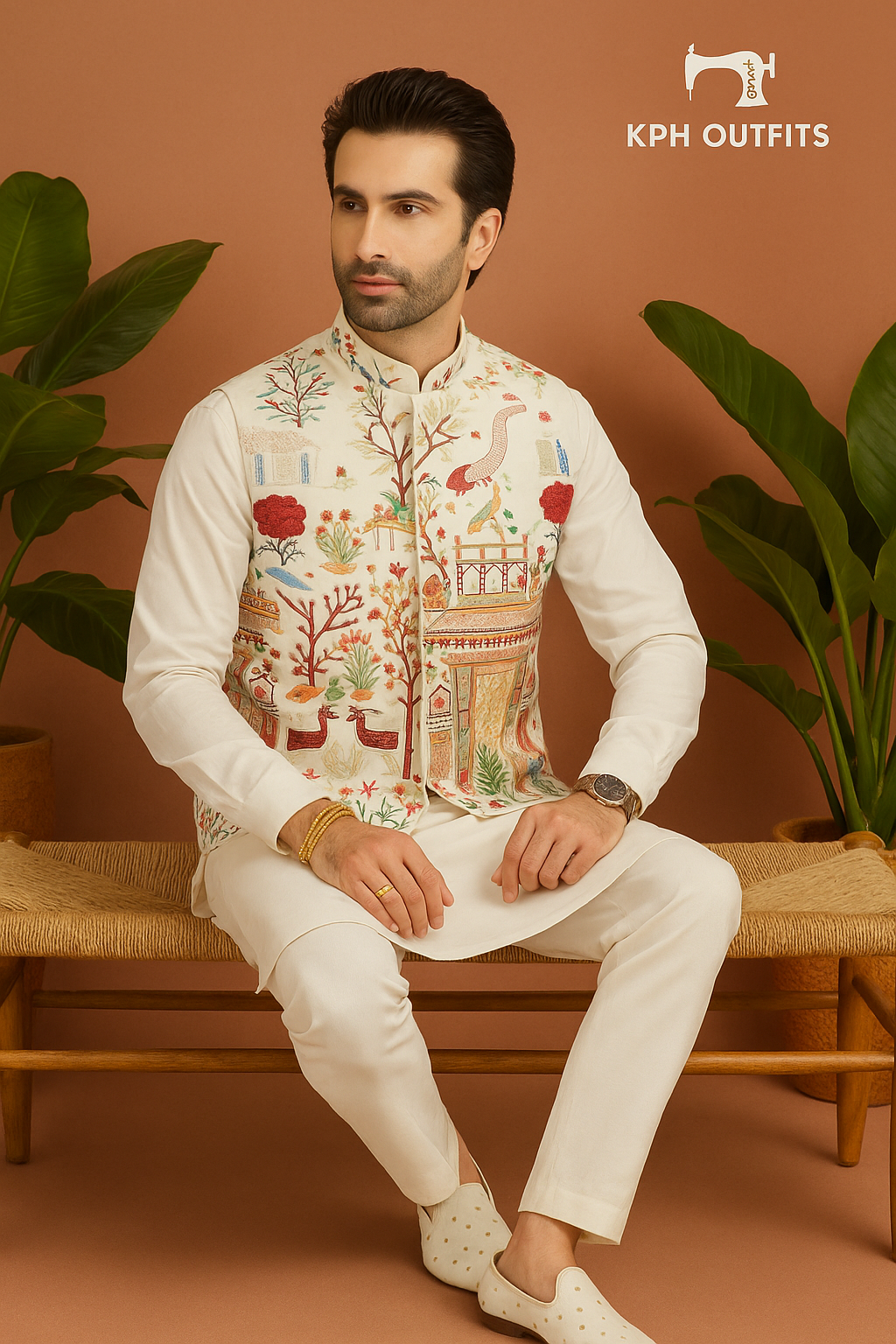 Men's Black and White Multi-Colour Thread Embroidery Nehru Jacket Set - KPH Outfits