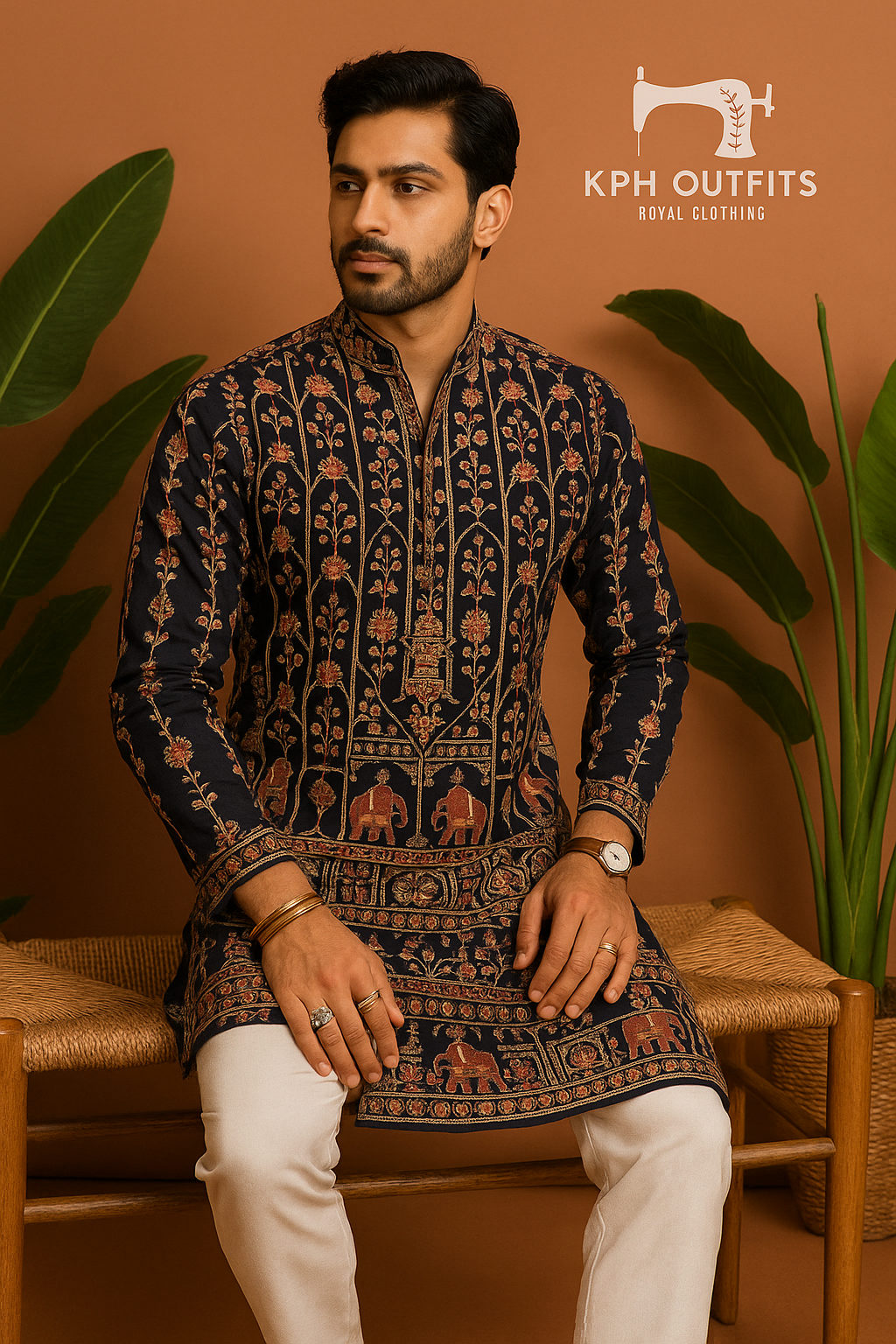 A photograph of a man in a stylish kurta, highlighting the quality of the fabric and the unique design.

