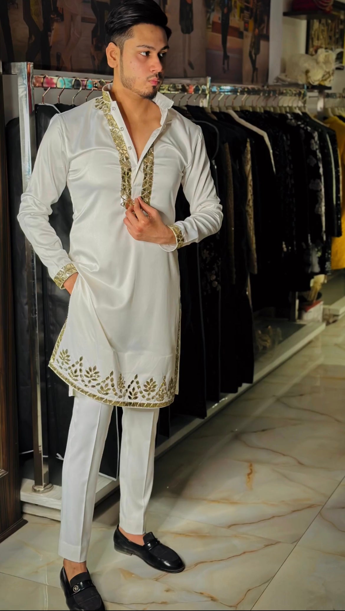 Men's Off White Leather Work Kurta Set