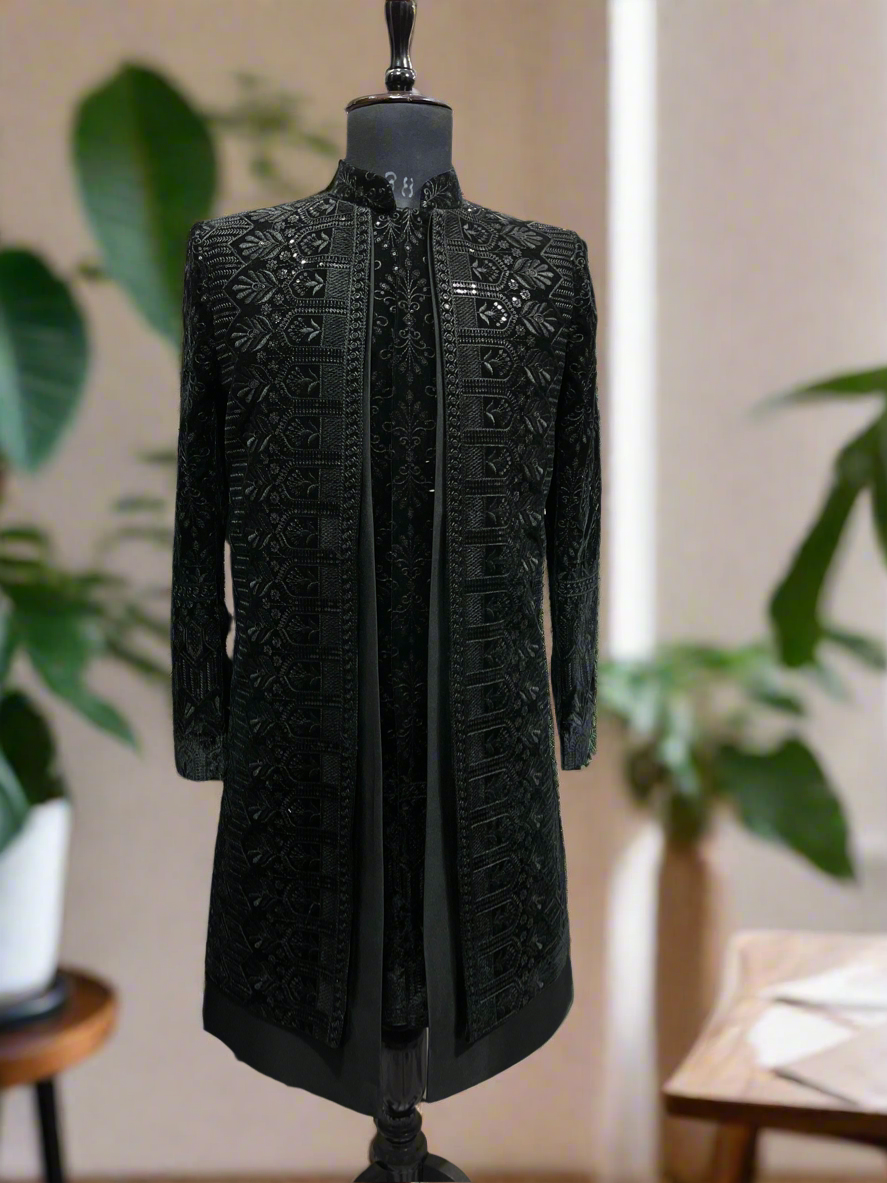 Elegant Black Velvet Open Indo-Western Set for Men by KPH Outfits