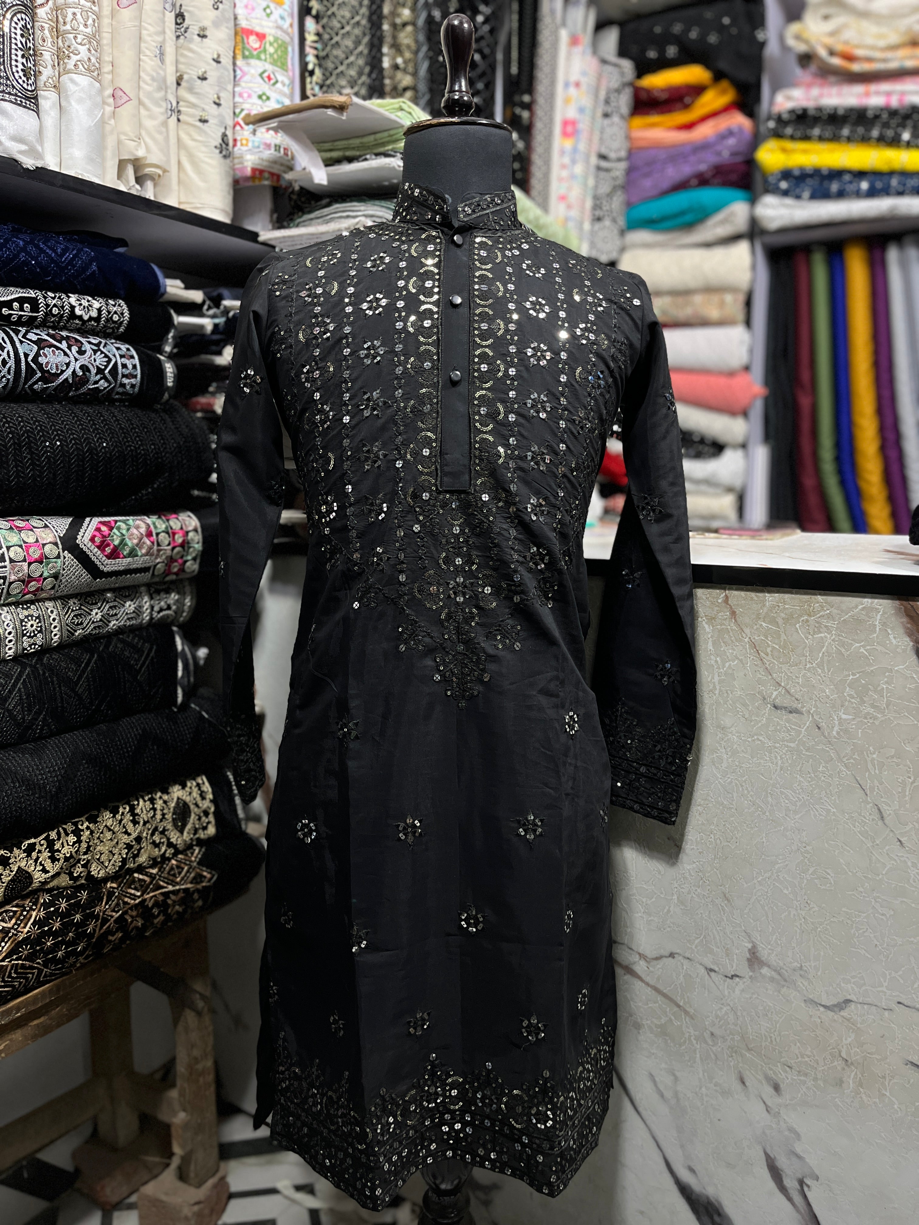 Men's Black Sequence Kurta Set