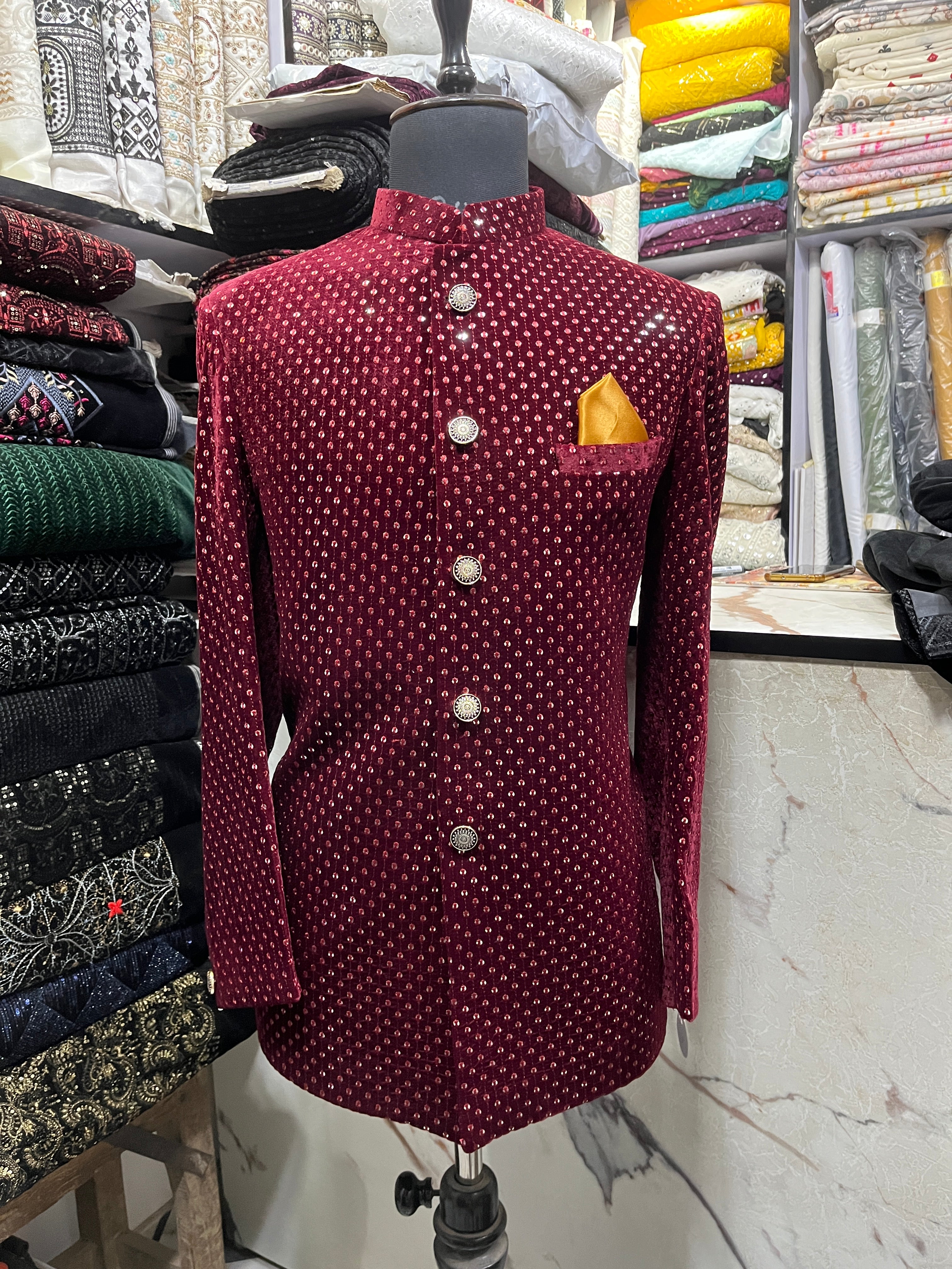 Men's Maroon Velvet Designer Jodhpuri Set